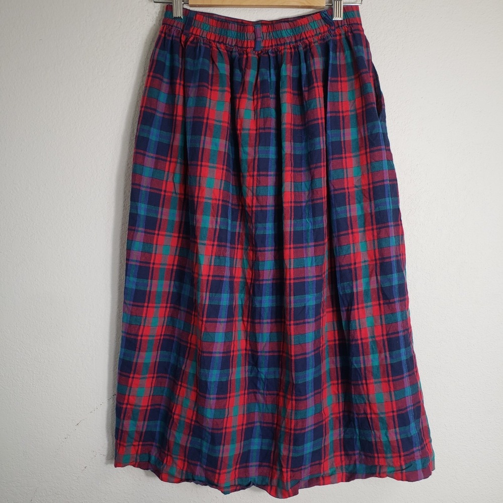 Vintage Talbots Size 4 Tartan Plaid Maxi Skirt Elastic Waist Button Front Flanne - Picture 2 of 9